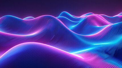 Digital 3d landscape with flowing neon lines on dark background