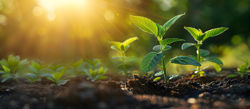 Seedlings thriving in fertile soil under morning sunlight, depicting plant growth and ecological progress.