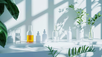 Aesthetic scientific homeopathy laboratory with medicinal plant extracts, health care, light background. Generative AI - obrazy, fototapety, plakaty