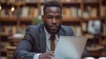 Obraz premium a man in a suit sitting in front of a laptop computer in a library with bookshelves in the background.