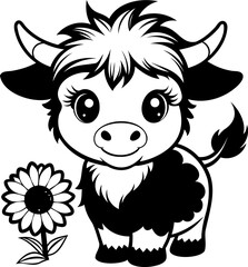 Black and white silhouette baby higyland cow, sunflower, vector illustration