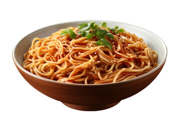 Closeup plate of tasty hot noodles isolated on white background
