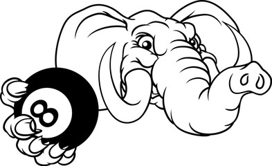 An elephant angry mean pool billiards mascot cartoon character holding a black 8 ball.