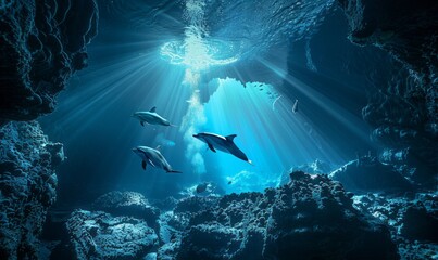 A flock of dolphins underwater amidst the glare of sunlight generated AI