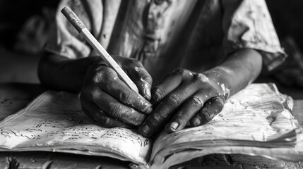 A touching image in monochrome showing a child moving from labor to learning, with calloused hands...