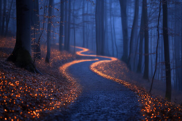 A path in the forest with fireflies, magical and mystical night time