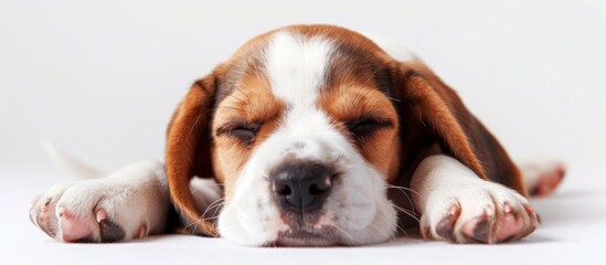 Puppy laying with closed eyes and head on paws