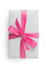 Top view of white paper present box with pink ribbon isolated on white background - 778167771