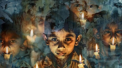 Candlelight vigil against child labor: a beacon of hope, with faded child labor images