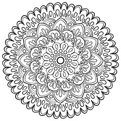 Fantasy mandala with drops and circles, round coloring page for activity and design