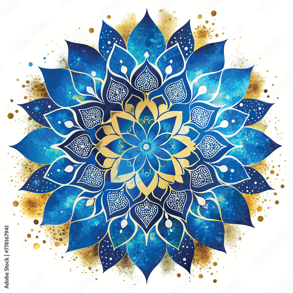 Poster A blue and gold mandala with a white background