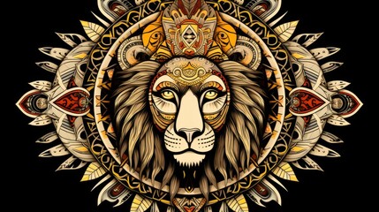 A mandala featuring a tribal lion and tribal masks