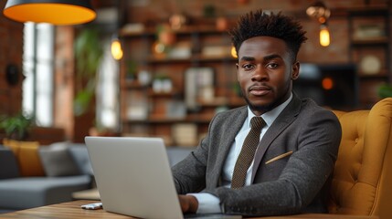 a man in a suit and tie sitting in front of a laptop computer on a wooden table in a restaurant. - obrazy, fototapety, plakaty