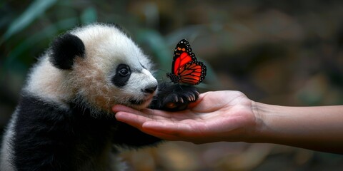 Cute panda reaches for a butterfly and a man's hand in the rays of sunlight.
Concept: conservation of wildlife, interaction between animals and people, protection of endangered species.