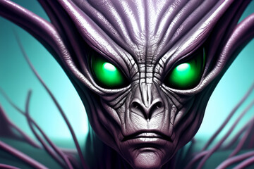Alien. Alien with a flying saucer at his side. Alien and UFO. Alien in space. Fantasy. 3d rendering...