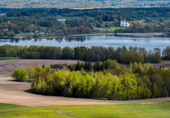 Spring landscape by the lake Aulejas ezera, Latvian nature views, Latgale.