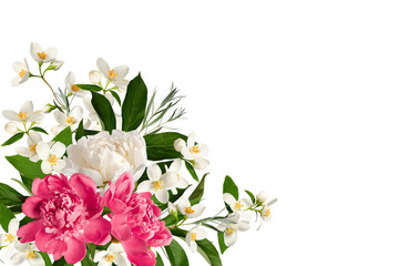 Festive floral corner arrangement. Jasmine flowers, white and pink peonies, green peony leaves,...