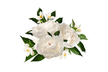Floral arrangement of white peony and jasmine flowers isolated on a white background. Element for...