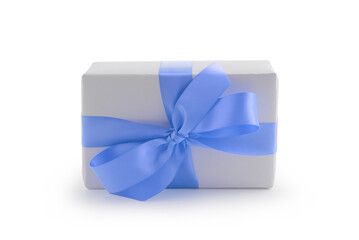 White gift box with blue ribbon bow isolated on white background - 778168720