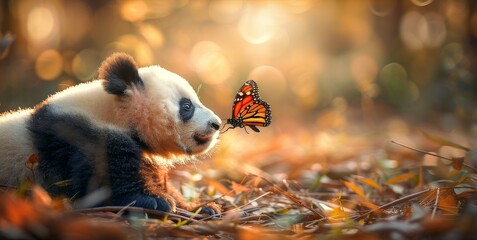 The panda reaches for the butterfly.
Concept: conservation of wildlife, interaction between animals...