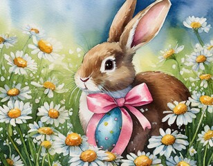 Watercolor cute Easter rabbit with pink tied bow and chocolate egg in a meadow full of daisies