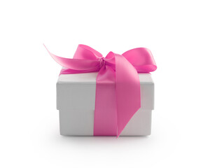 White gift box with pink ribbon bow isolated on white background - 778168936
