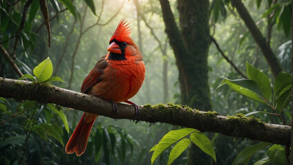 Cardinal setting on a tree in jungle  - obrazy, fototapety, plakaty