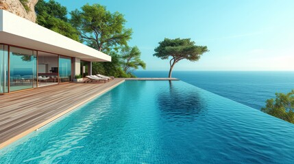 Obraz premium a large swimming pool next to a wooden deck with a tree in the middle of it and a view of the ocean.