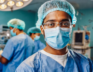 Médecin, chirurgien, en bloc opératoire, salle d'opération, hôpital, porte un masque et une protection pour les cheveux, peau mate 