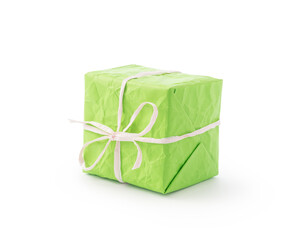 crumpled paper bright green color present box with white recycled paper ribbon isolated on white - 778169107