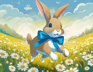 Cute cartoon Easter bunny with a tied blue bow run ina meadow full of daisies
