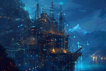 A futuristic binary code software of pirate ship at night with blue light