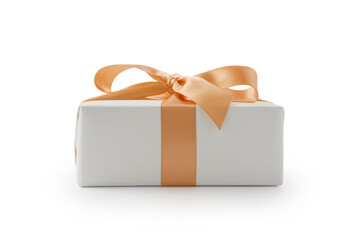 White gift box with orange ribbon bow isolated on white background - 778169515