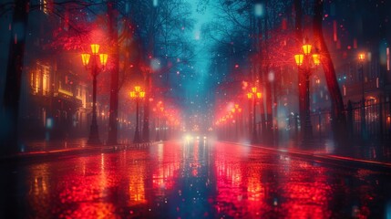 a city street at night with a street light reflecting in the wet surface of the wet surface of the street.