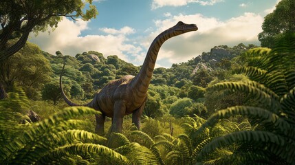 A towering brachiosaurus grazing on lush jurassic vegetation