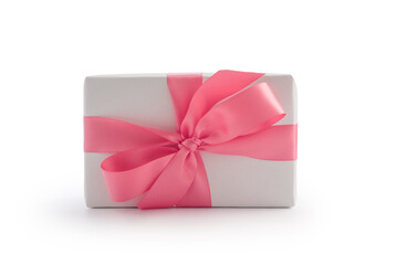 White gift box with pink ribbon bow isolated on white background - 778169573