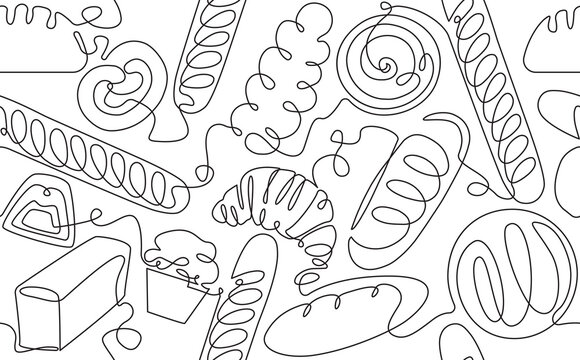 Continuous line drawing doodle seamless pattern with pastries.  Bakery background. Vector illustration.