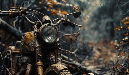 Motorcycle in the forest during autumn rain. The concept of adventure and freedom.