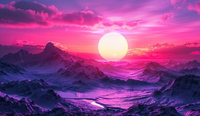 Sunset over snow-capped mountains with a pink sky. The concept of a tranquil natural landscape.