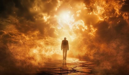 A figure of a person walking on a road towards light through clouds. The concept of a path to light and hope.