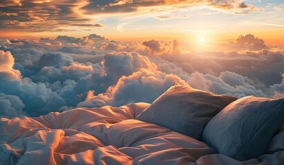 Pillows on clouds at sunset. The concept of comfort and relaxation.