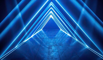Blue neon light beams in a dark room creating triangular patterns. The concept of modern art and...