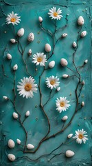 Elegant composition with eggs and daisies on a blue background. The concept of spring and renewal.