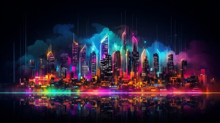 A border of abstract neon lights and cityscapes