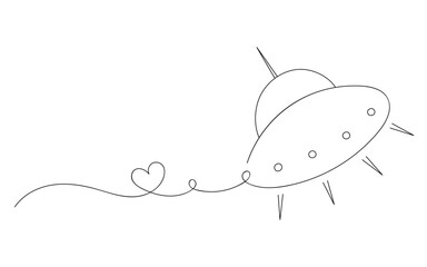 Cute flying ufo drawn by one line. Sketch. Design for tattoo art, celebration ufo day. Funny hand drawn vector illustration.