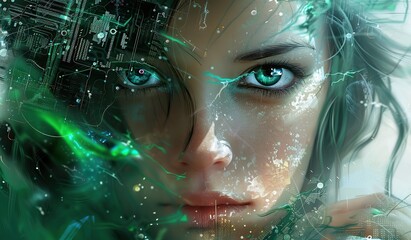 Woman's face against a background of green electronic boards and circuits. The concept of the interaction of nature and technology. - obrazy, fototapety, plakaty