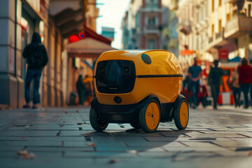 Yellow automated food delivery robot drives down a city street