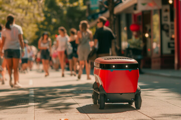 An unmanned food delivery robot drives around the city