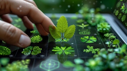 a close up of a person's hand touching a green leaf on top of a computer screen with green leaves surrounding it.