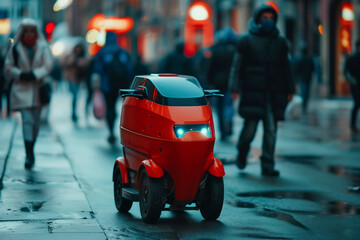 An unmanned food delivery robot drives around the city